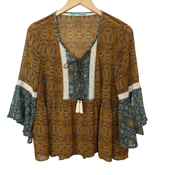 Maurices Boho Peasant Blouse Womens Large Crochet Lace Trim Tassel‎ Floral Sheer - Picture 1 of 8